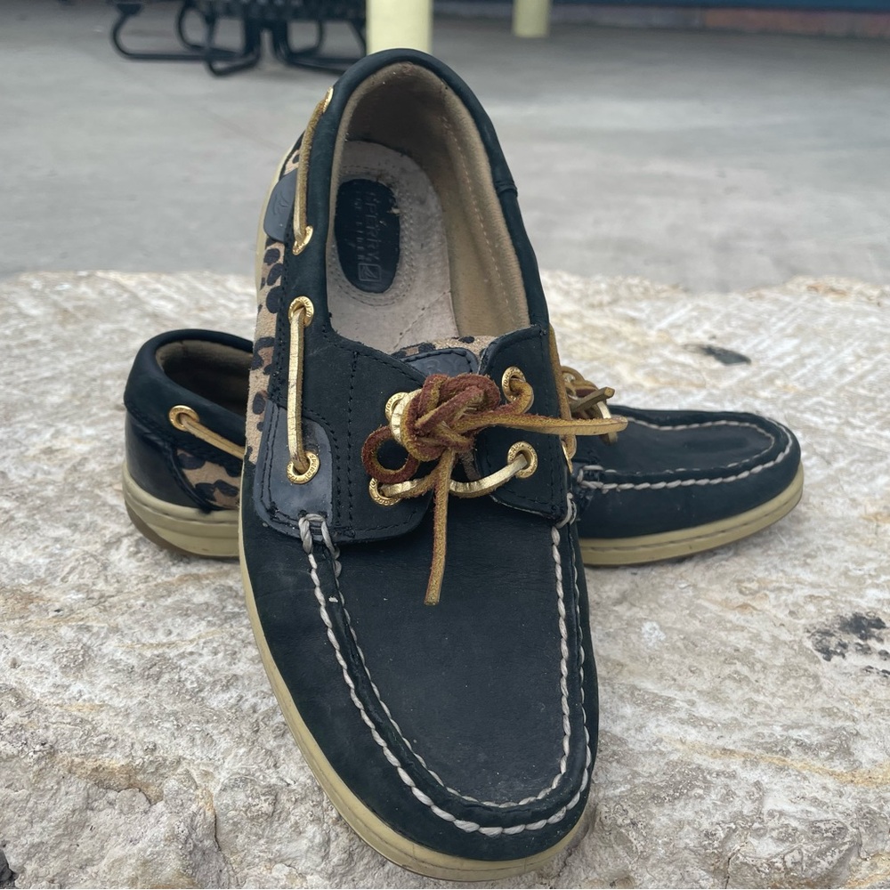Sperry Women's Bluefish Leather Sparkle Leo Black Boat Shoes Sz 7.5 Reg 90$